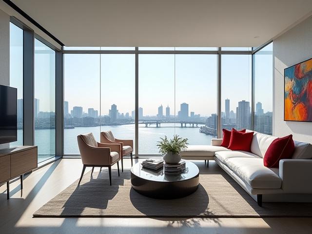 Modern riverside penthouse living room with panoramic city views and custom furniture.